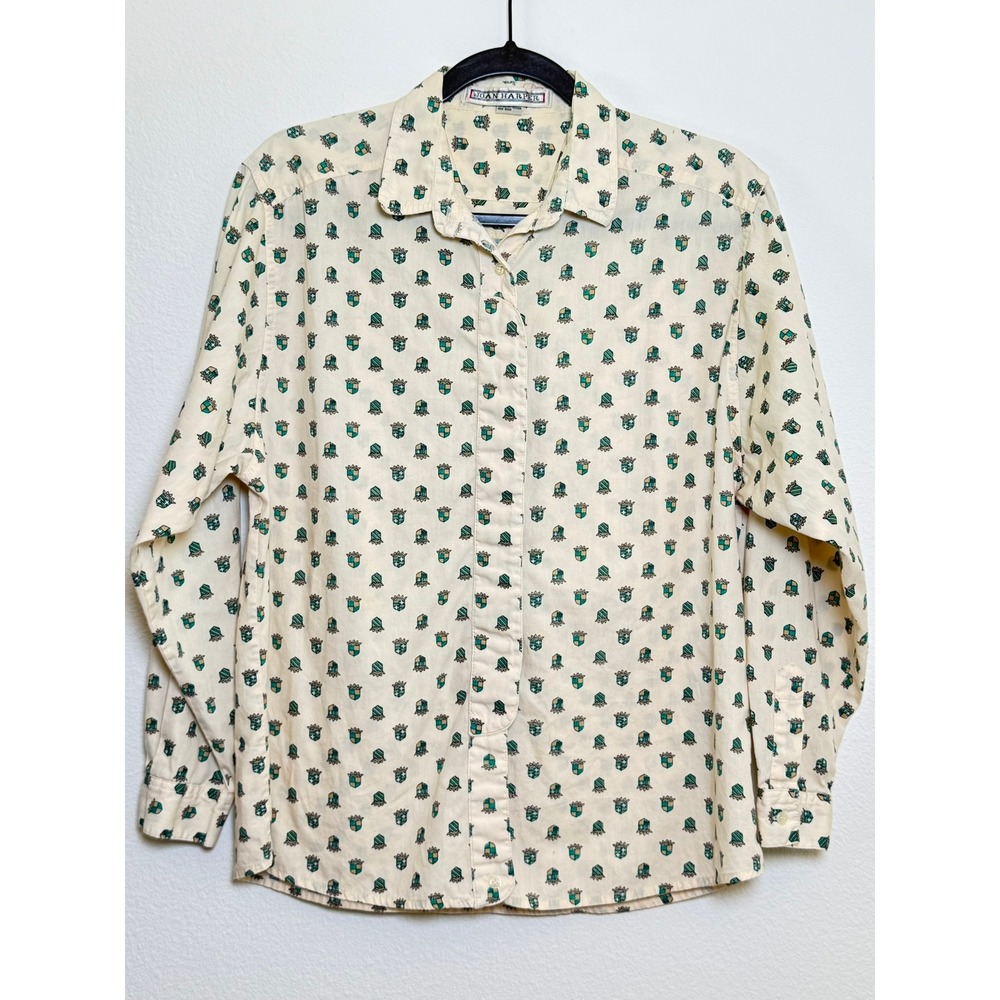 Vintage 90s Crest Print Button Down Shirt 12 L XL Cream Heritage Preppy Academia